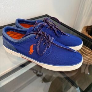 POLO, Ralph Lauren Men’s Faxon Low Blue and Orange Canvas Sneakers Size 11D